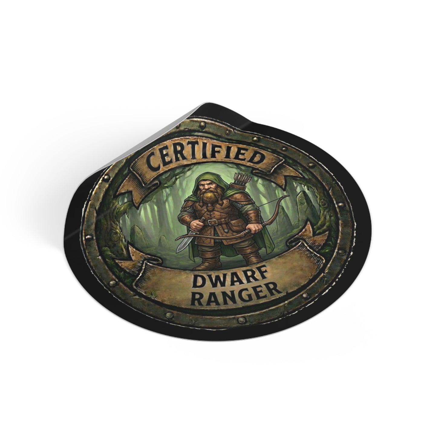 Certified Dwarf Ranger Round Vinyl Sticker — Fantasy RPG Emblem