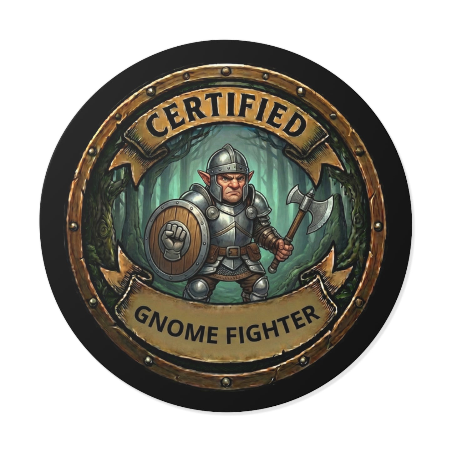 Certified Gnome Fighter Round Vinyl Sticker — Fantasy Gamer Badge Sticker