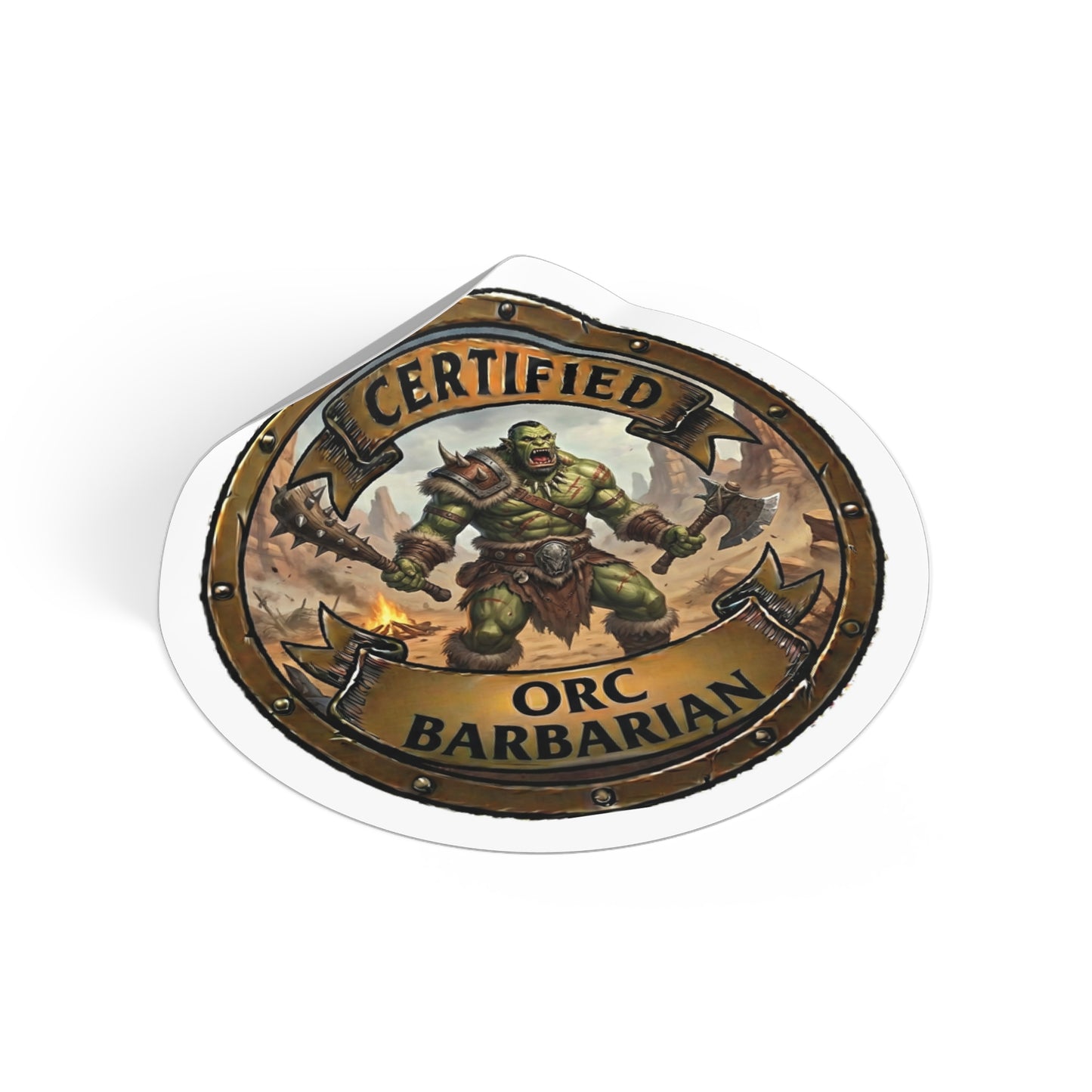 Certified Orc Barbarian Round Vinyl Sticker — Fantasy RPG Gaming Decal