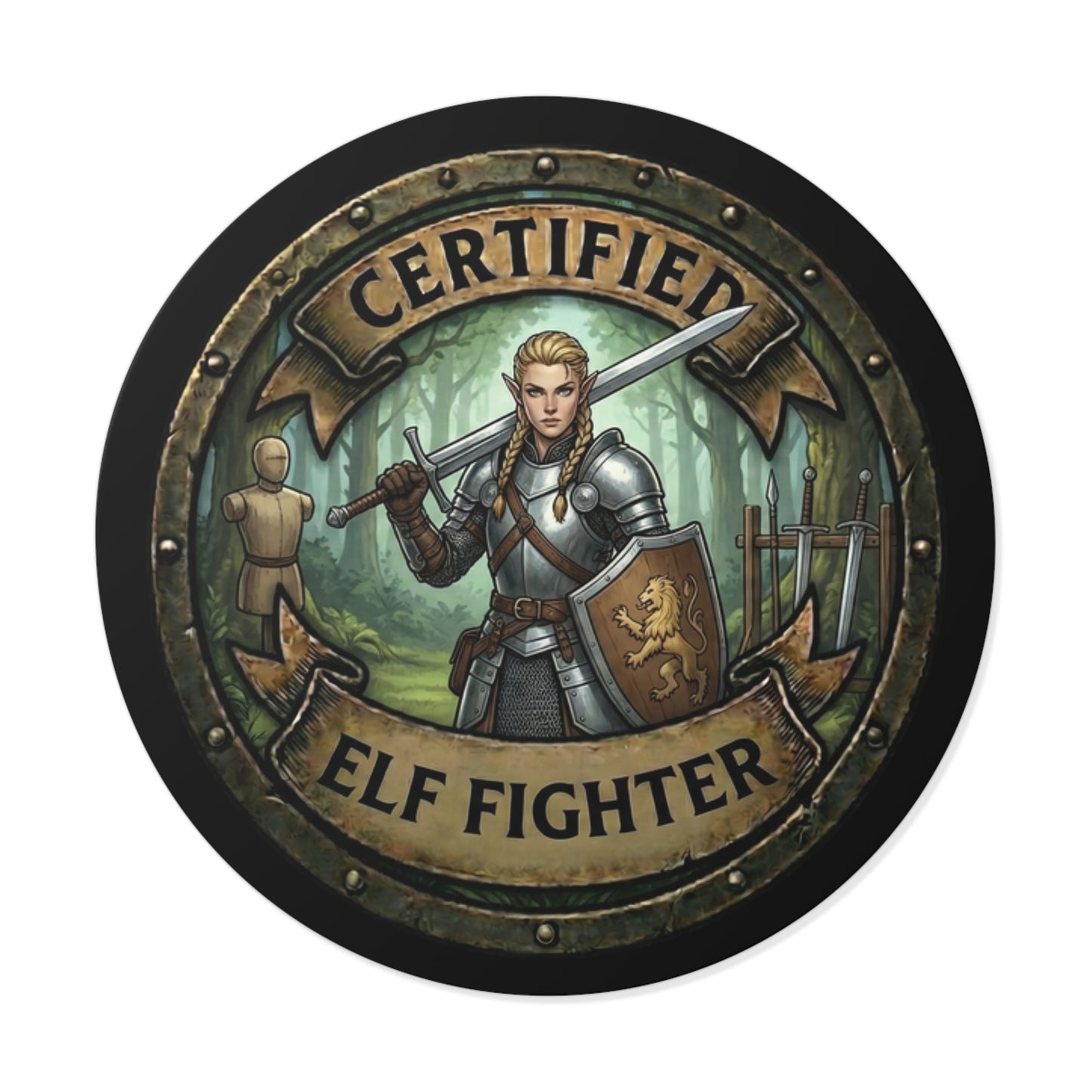Certified Elf Fighter Round Vinyl Sticker — Fantasy RPG Character Emblem