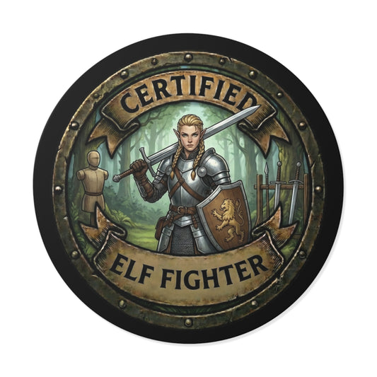 Certified Elf Fighter Round Vinyl Sticker — Fantasy RPG Character Emblem