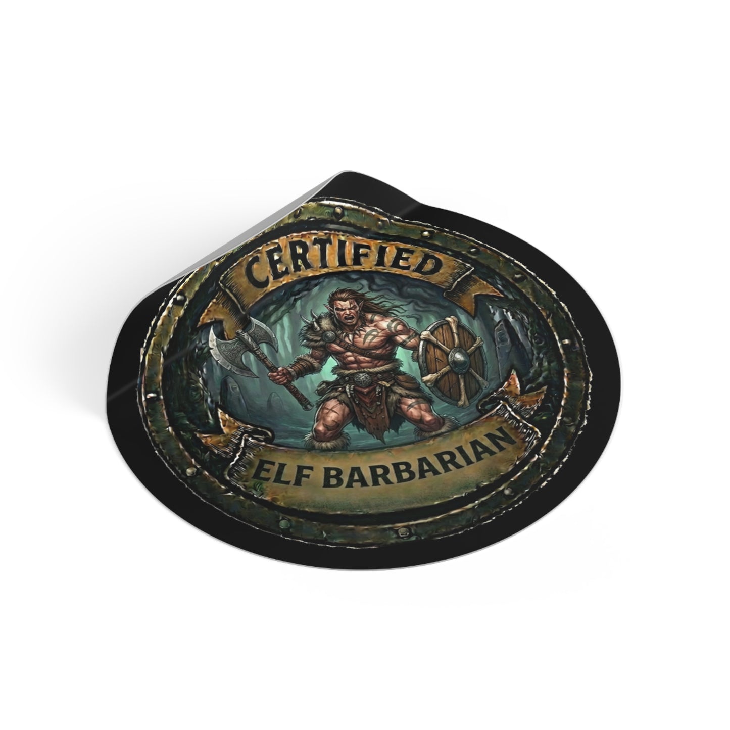 Certified Elf Barbarian Round Vinyl Sticker — Fantasy RPG Gamer Decal