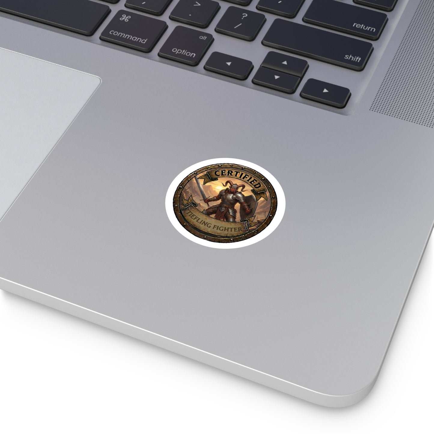 Certified Tiefling Fighter Round Vinyl Sticker — RPG Character Emblem