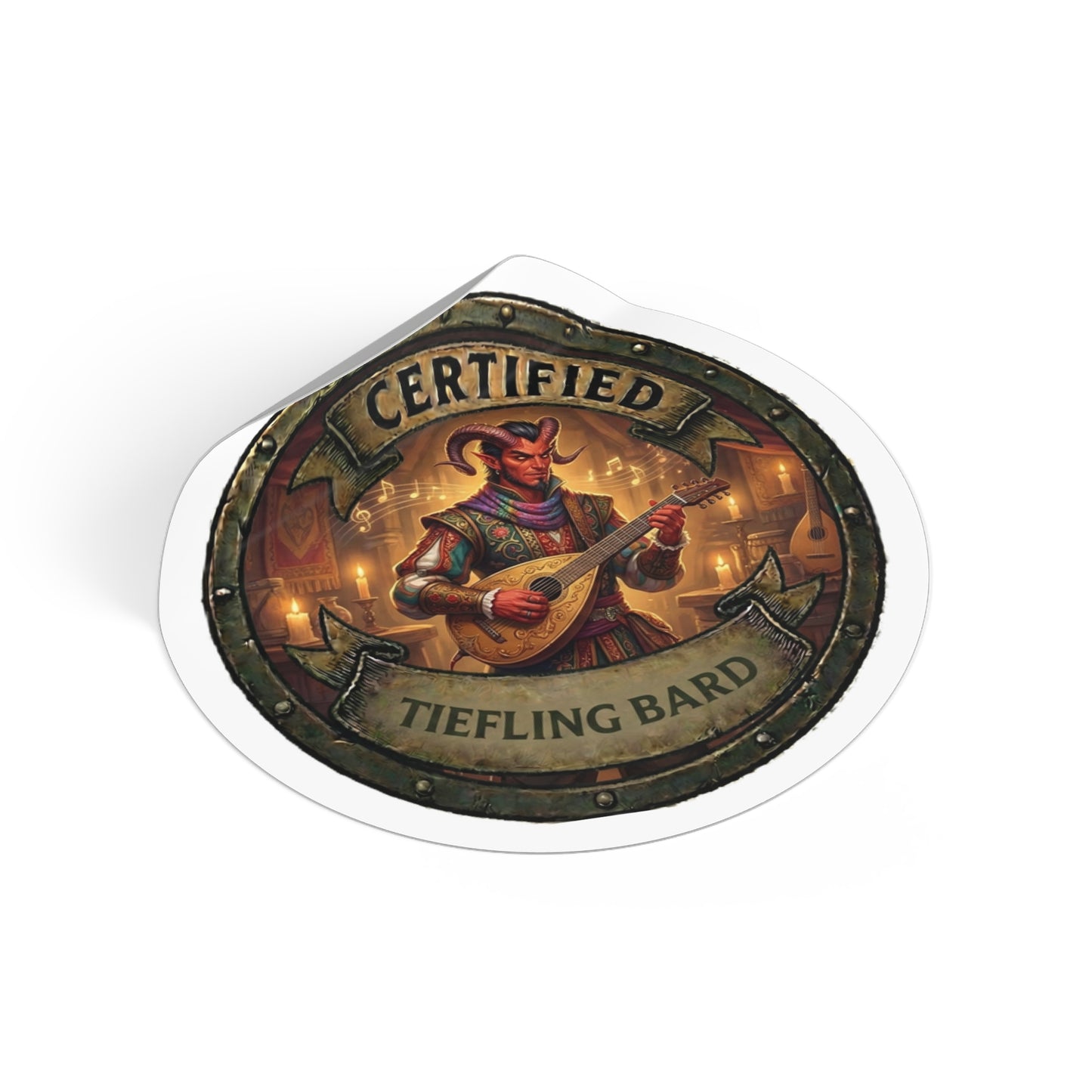 Certified Tiefling Bard Round Vinyl Sticker — D&D Fantasy Character Decal