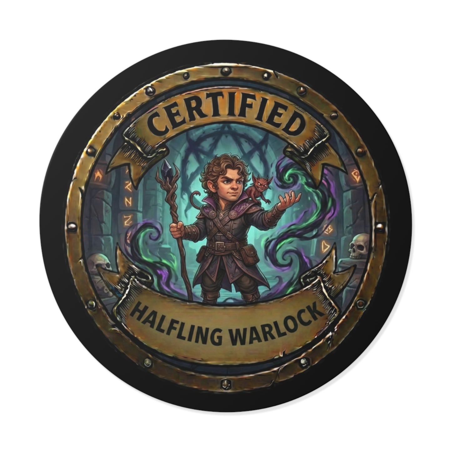 Certified Halfling Warlock Round Vinyl Sticker — "Certified" RPG Fantasy Character Decal