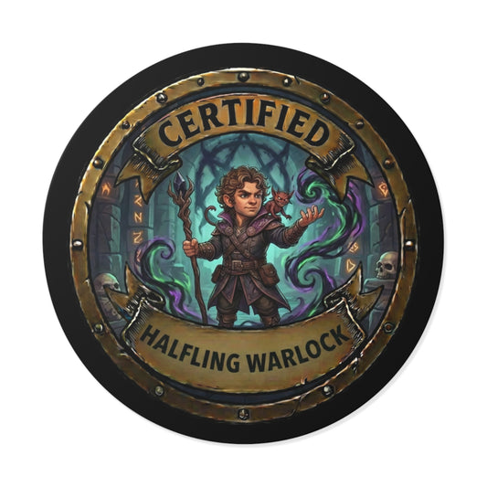 Certified Halfling Warlock Round Vinyl Sticker — "Certified" RPG Fantasy Character Decal