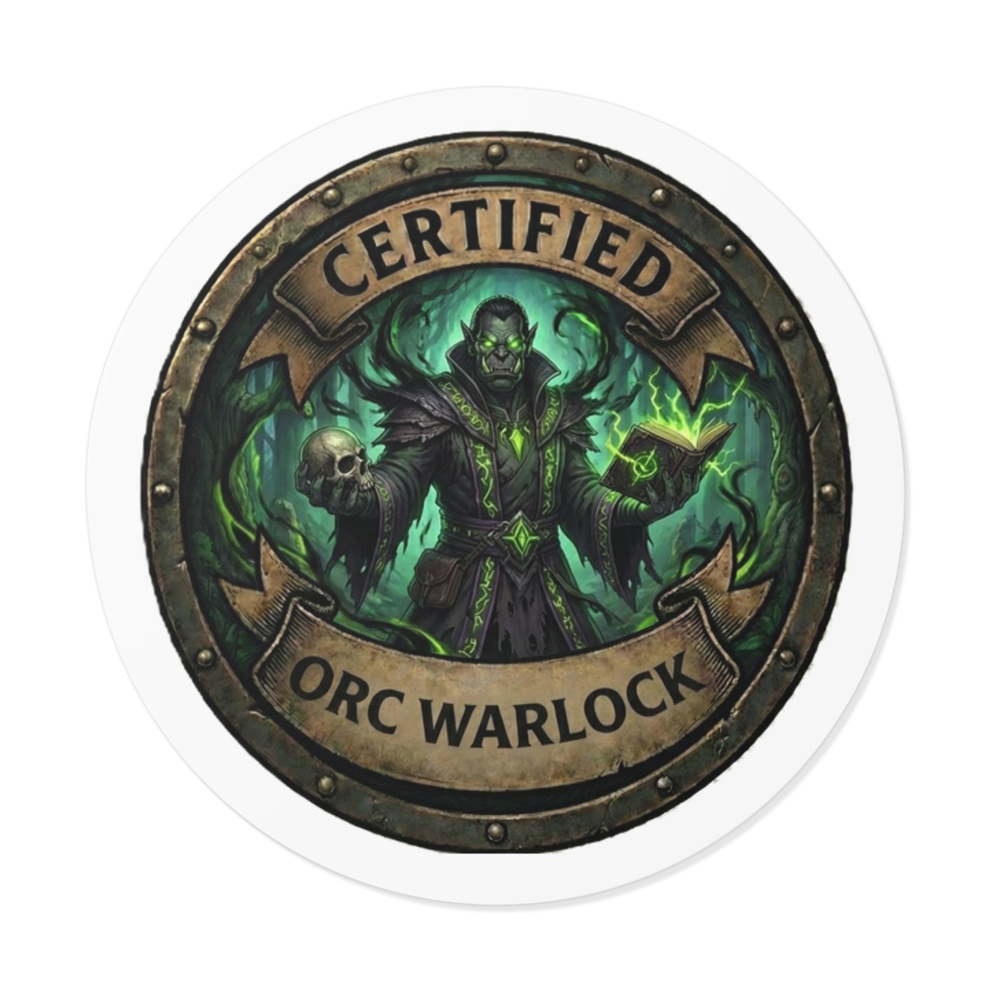 Certified Orc Warlock Round Sticker — Fantasy RPG Gaming Sticker