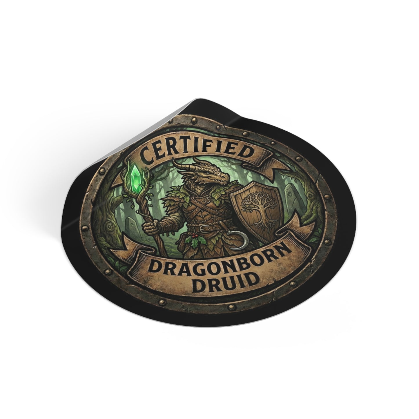 Certified Dragonborn Druid Round Vinyl Sticker — Fantasy RPG Emblem