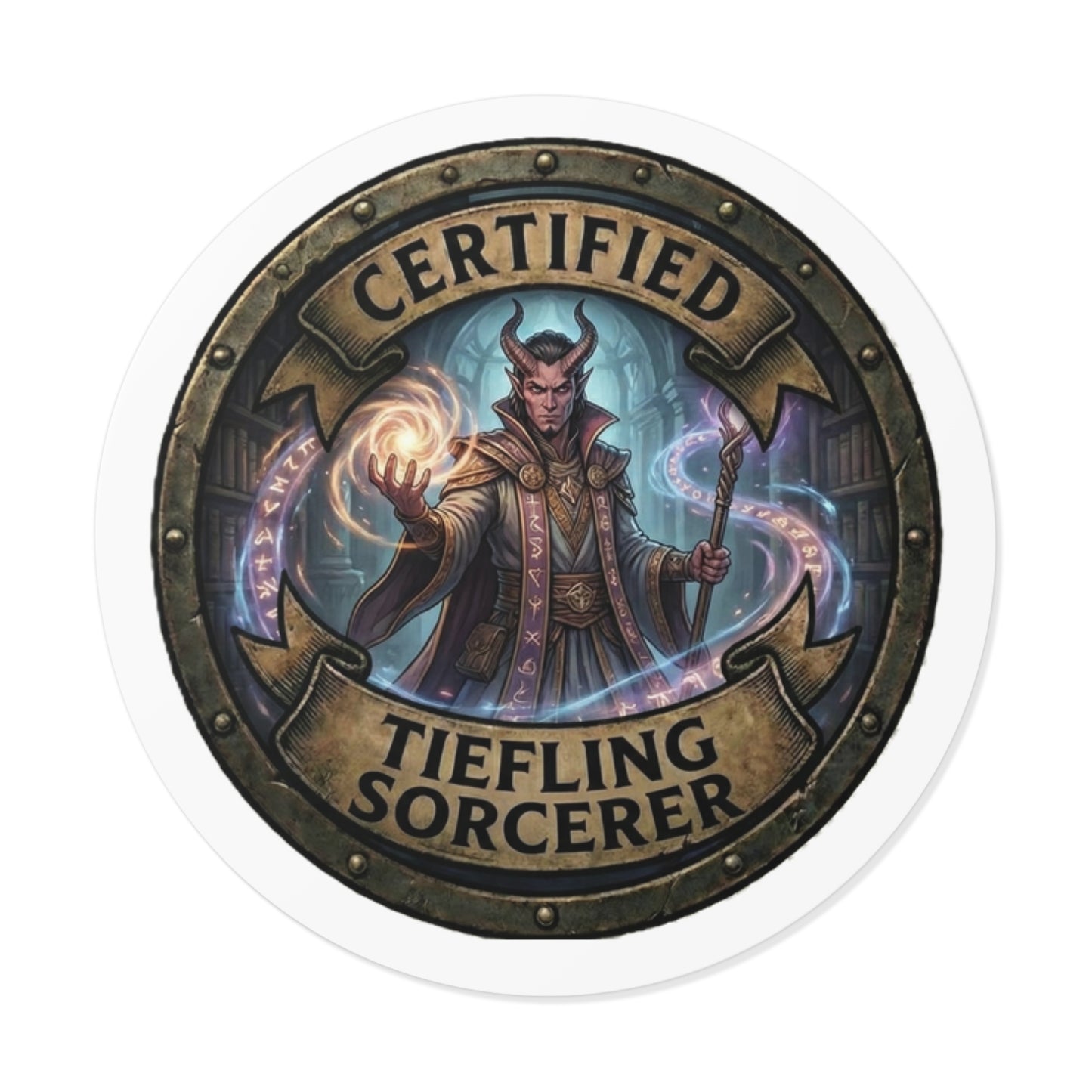 Certified Tiefling Sorcerer Round Vinyl Sticker — RPG Fantasy Mage Seal