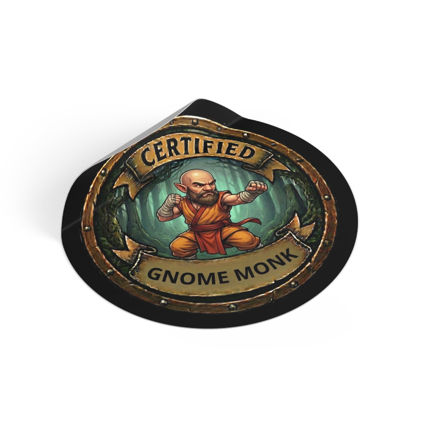 Certified Gnome Monk Round Vinyl Sticker — Fantasy RPG Badge Sticker