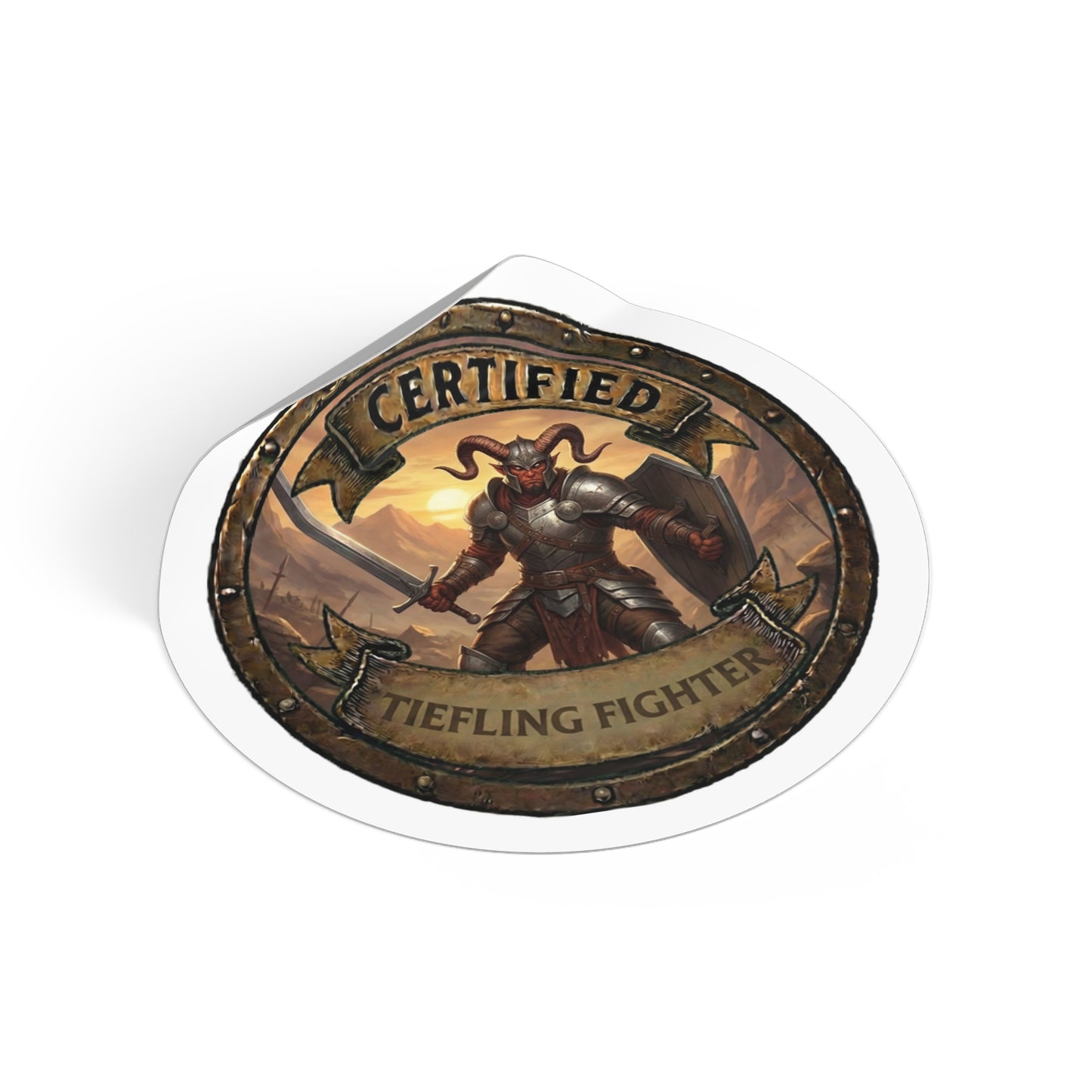Certified Tiefling Fighter Round Vinyl Sticker — RPG Character Emblem