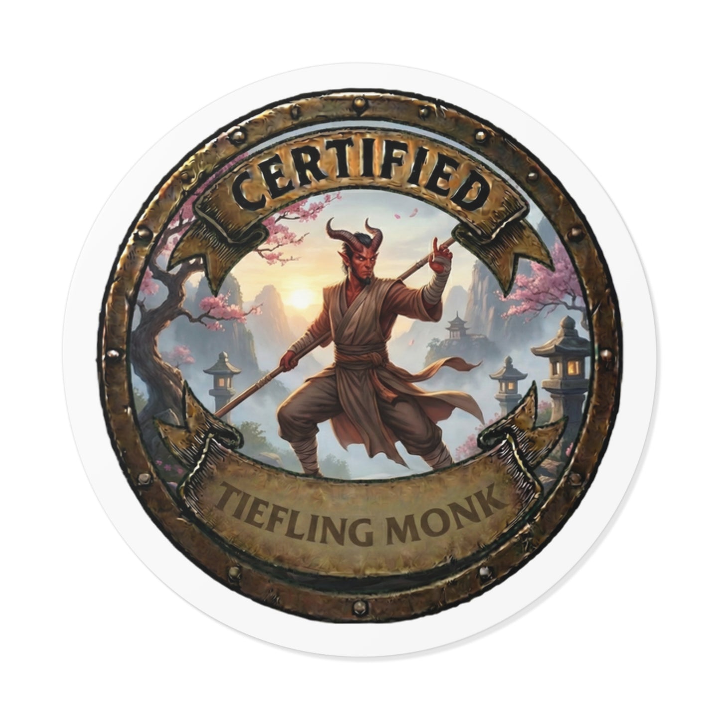 Round Sticker — "Certified Tiefling Monk" Fantasy RPG Vinyl Decal