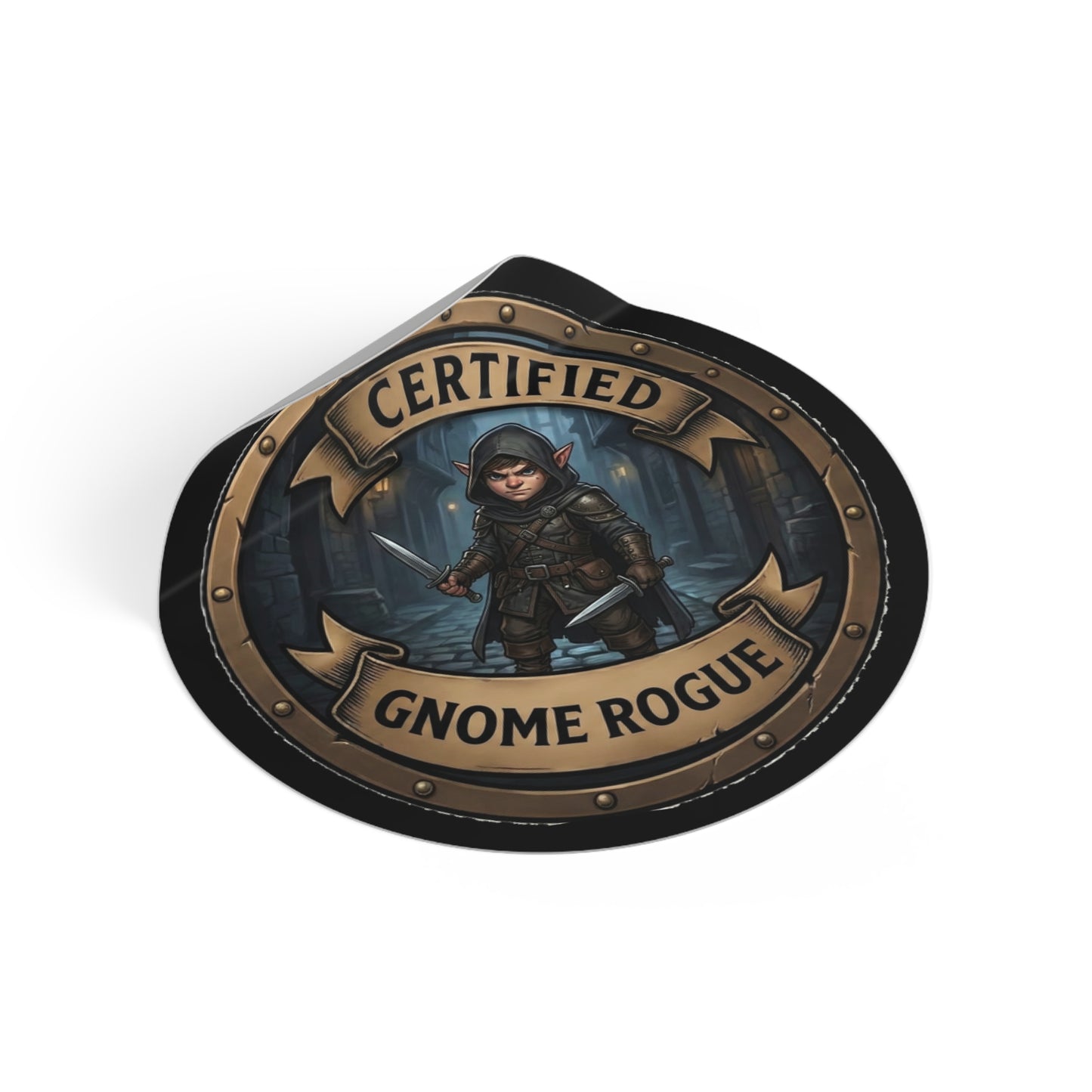 Certified Gnome Rogue Round Vinyl Sticker — Fantasy RPG Character Decal
