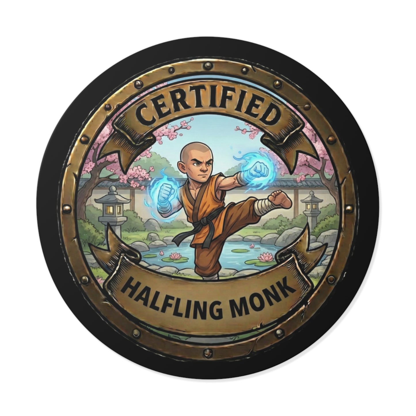 Certified Halfling Monk Round Vinyl Sticker — Cute Fantasy RPG Character Decal
