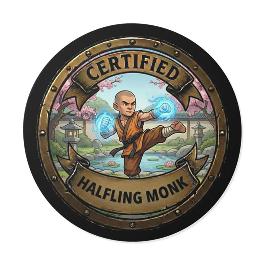 Certified Halfling Monk Round Vinyl Sticker — Cute Fantasy RPG Character Decal