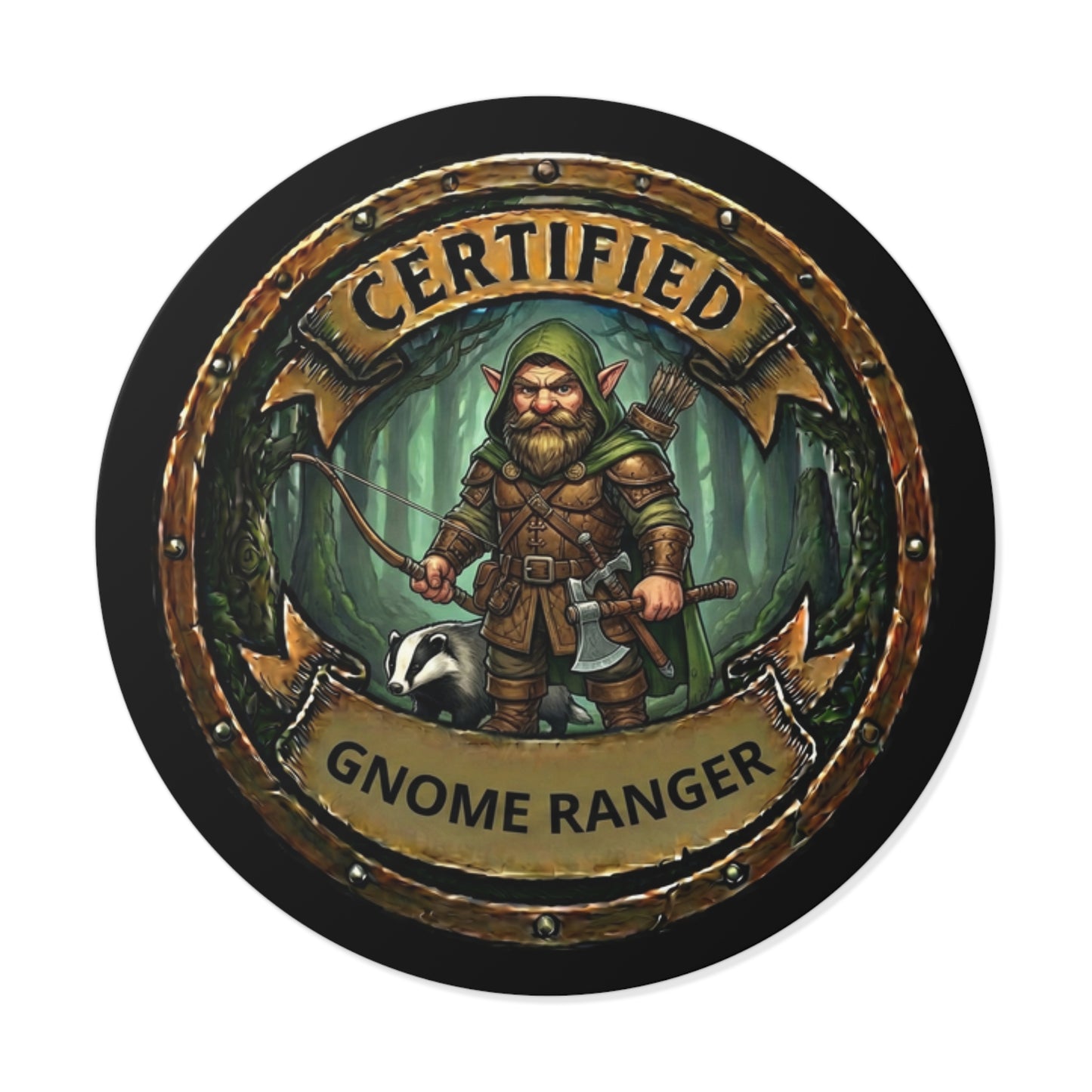 Certified Gnome Ranger Round Vinyl Sticker — Fantasy Ranger Badge Decal