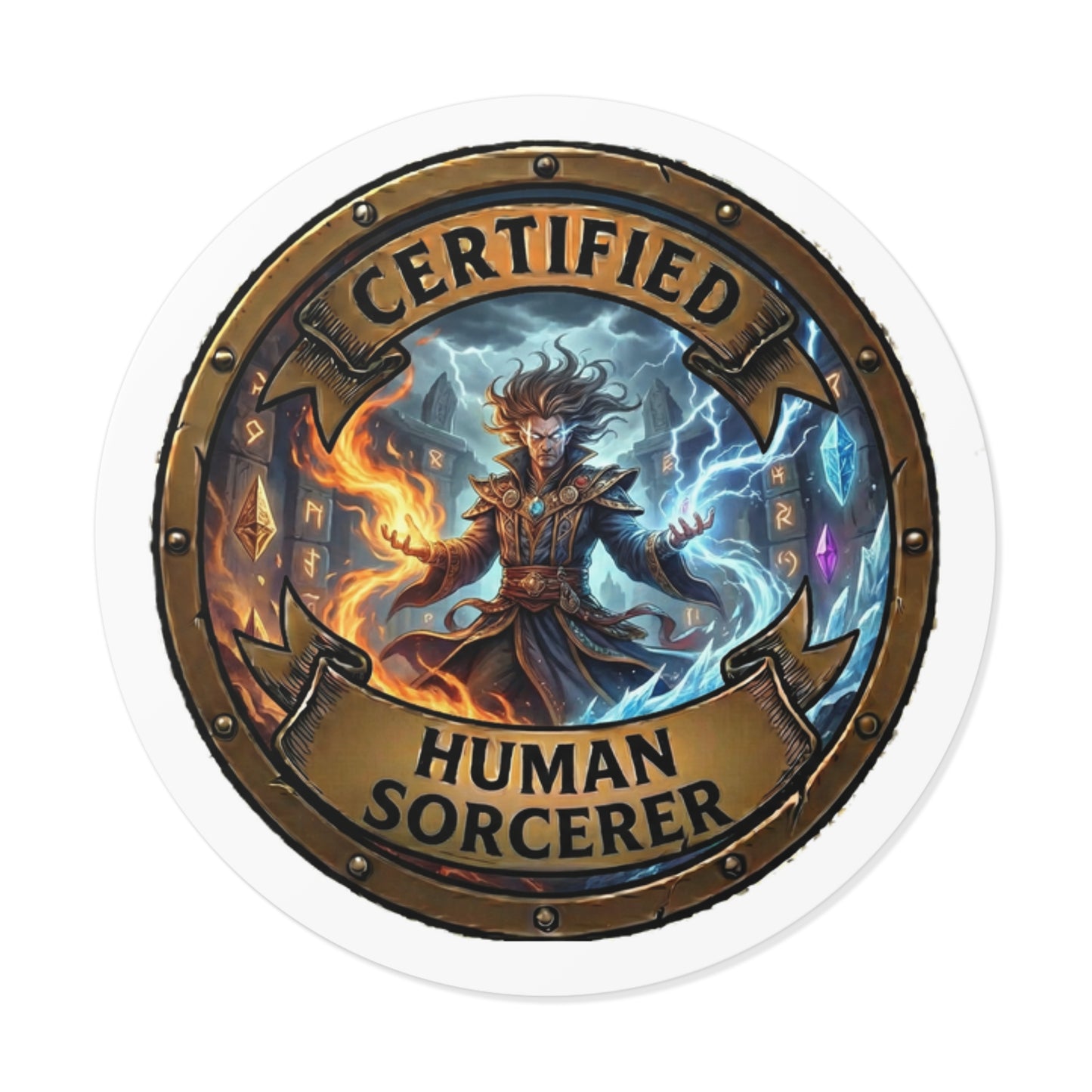 Certified Human Sorcerer Round Vinyl Sticker — Fantasy Mage Emblem
