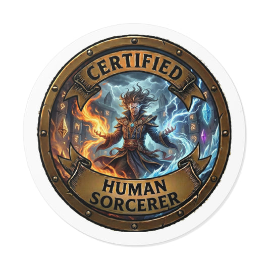 Certified Human Sorcerer Round Vinyl Sticker — Fantasy Mage Emblem