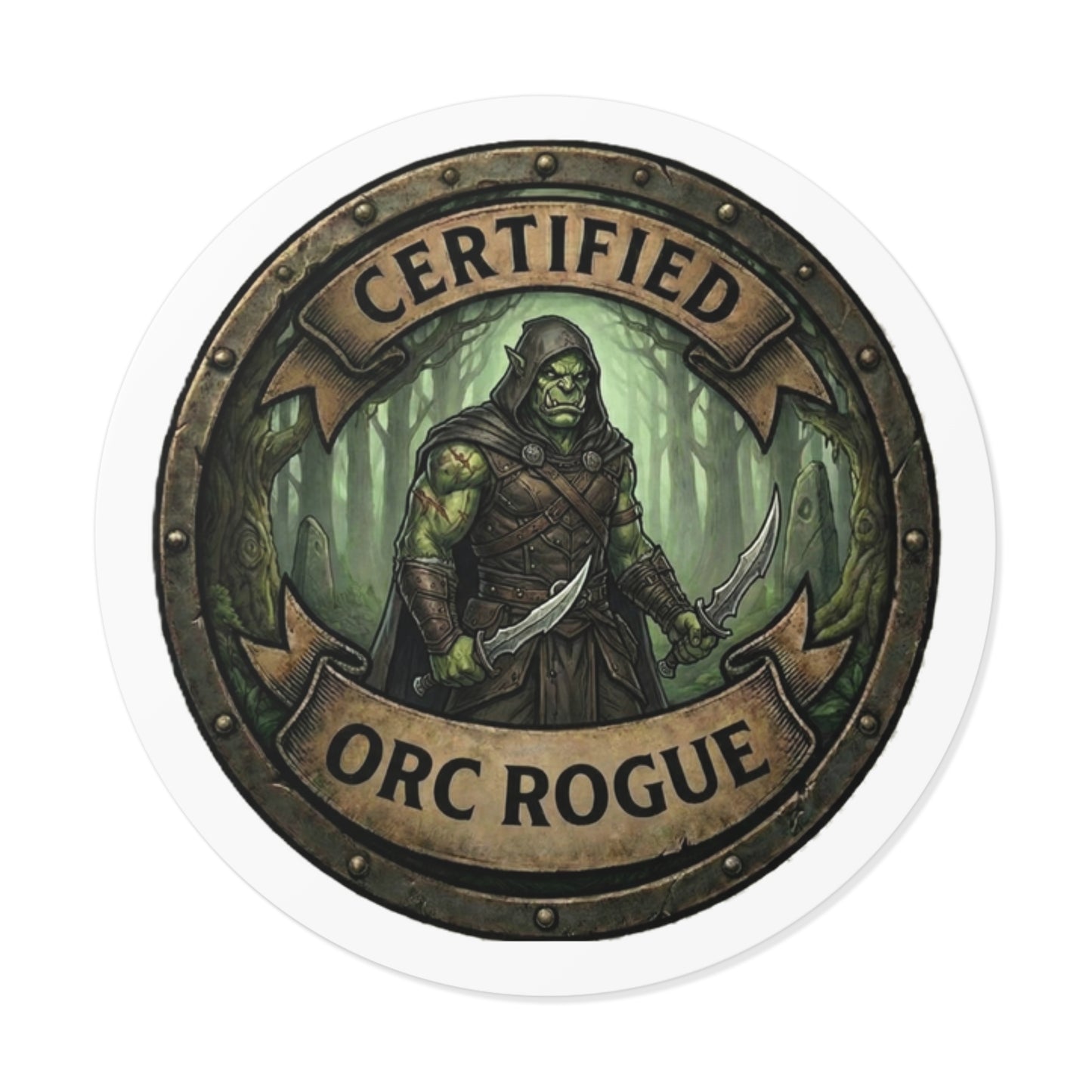 Certified Orc Rogue Round Vinyl Sticker — Fantasy RPG Gaming Decal