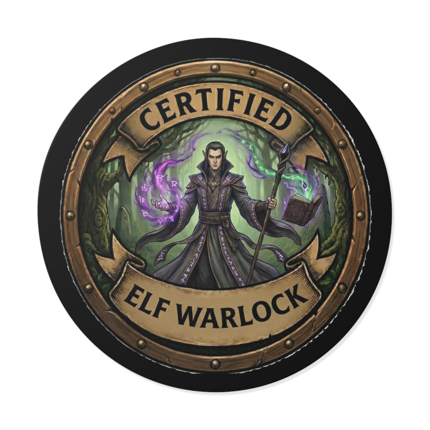 Certified Elf Warlock Round Vinyl Sticker — Fantasy RPG Mage Badge