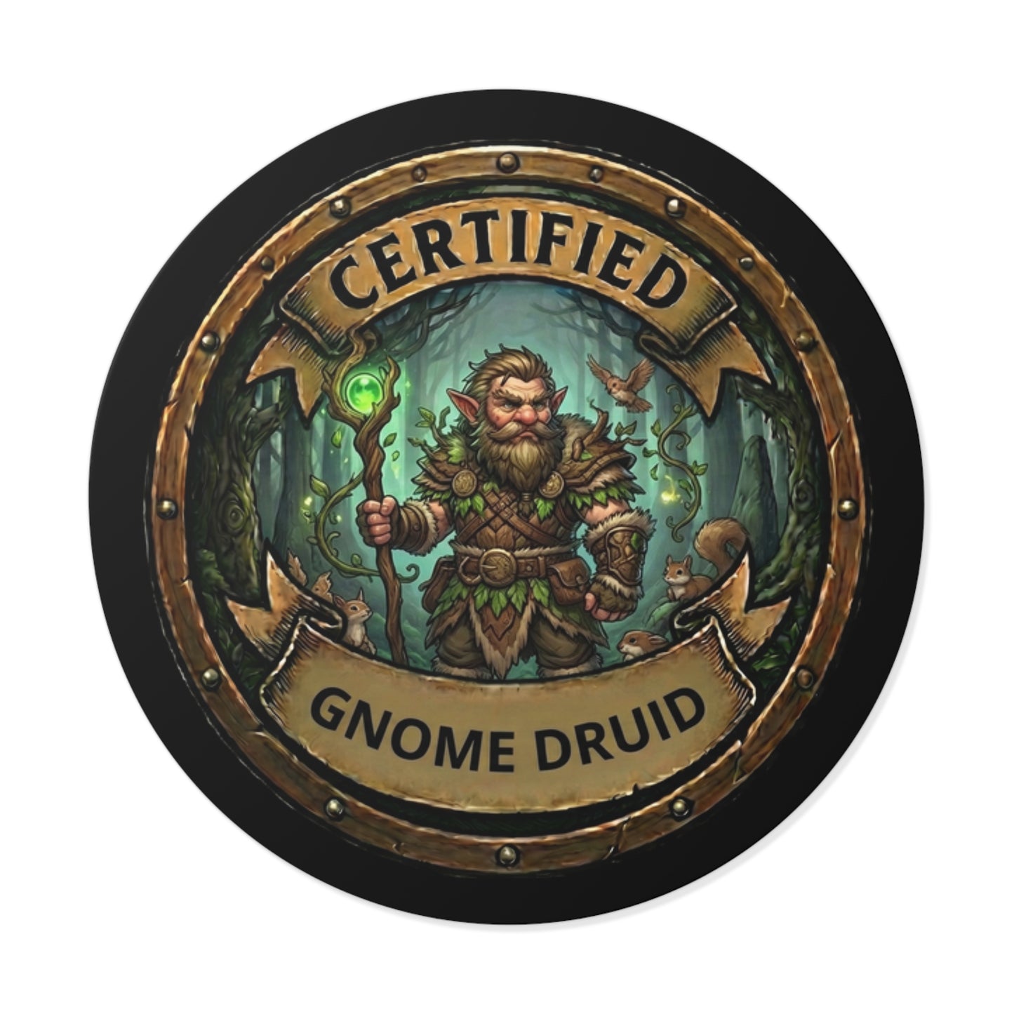 Certified Gnome Druid Round Vinyl Sticker — Fantasy RPG Druid Decal