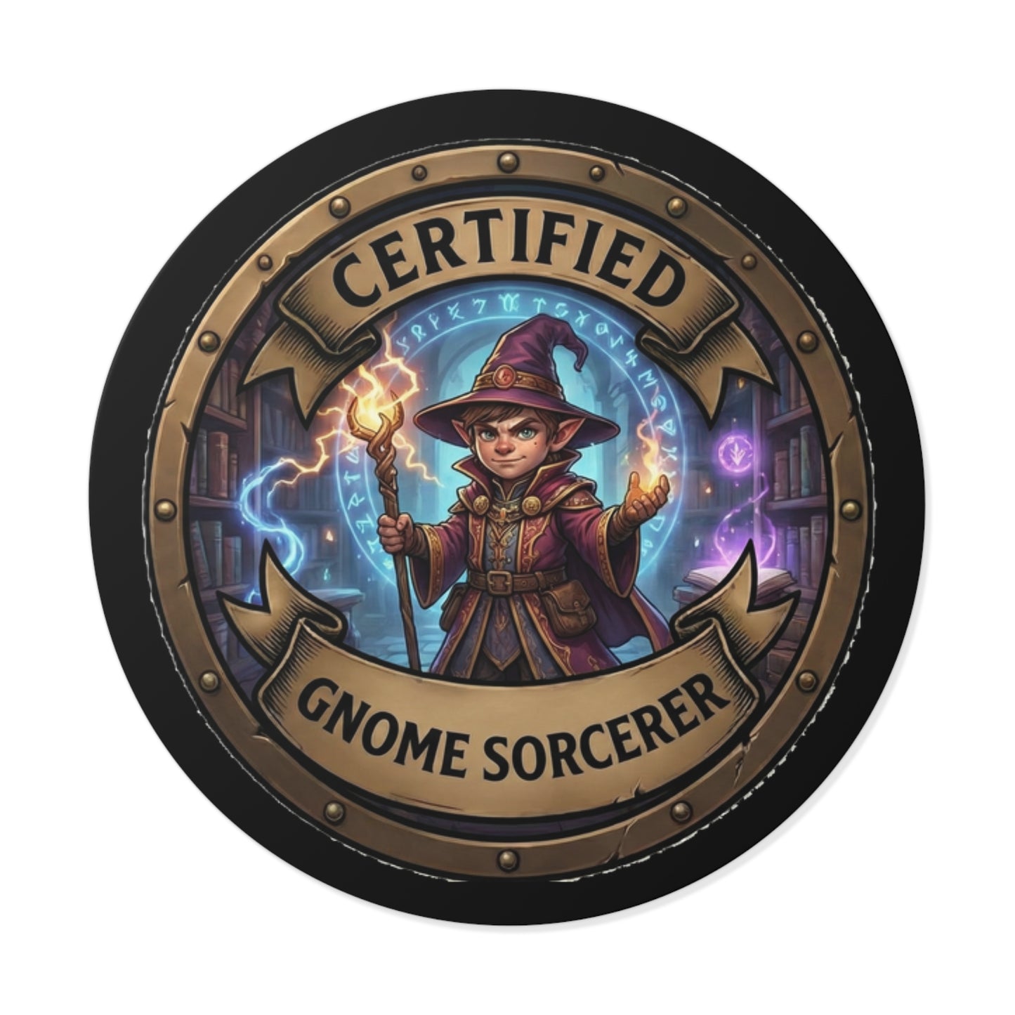 Certified Gnome Sorcerer Round Vinyl Sticker — Fantasy Wizard Gnome Badge