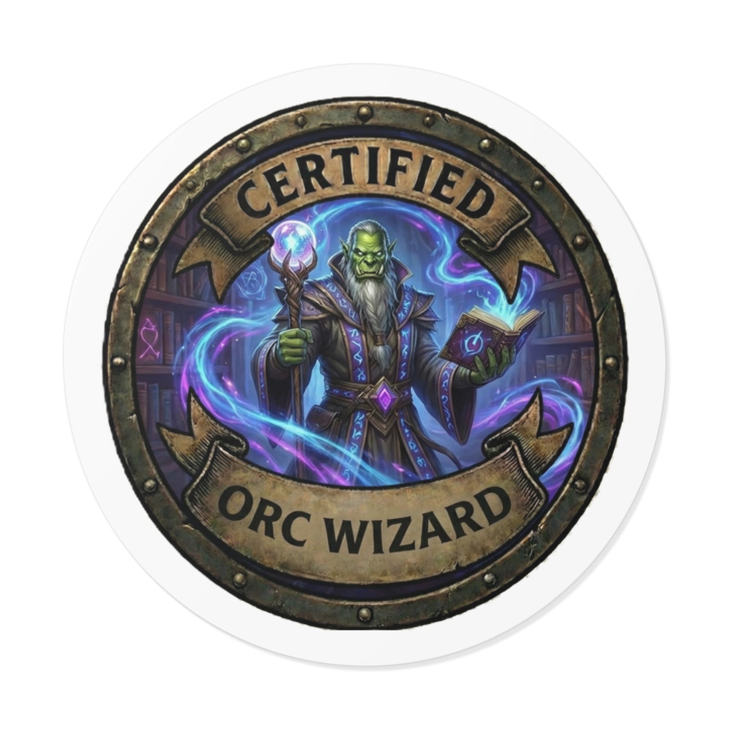 Certified Orc Wizard Round Vinyl Sticker — Fantasy Mage Badge for Gamers & Tabletop Fans