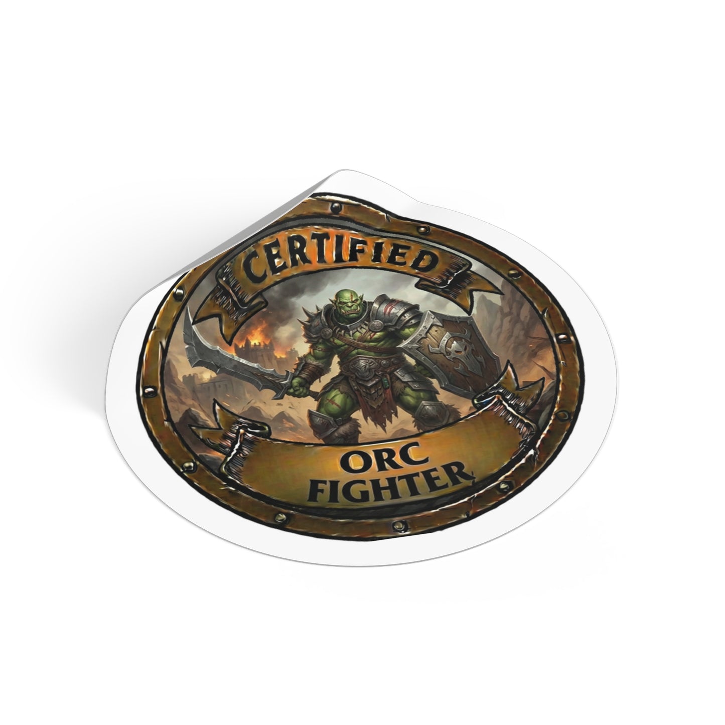 Certified Orc Fighter Round Vinyl Sticker — Fantasy RPG Gamer Decal