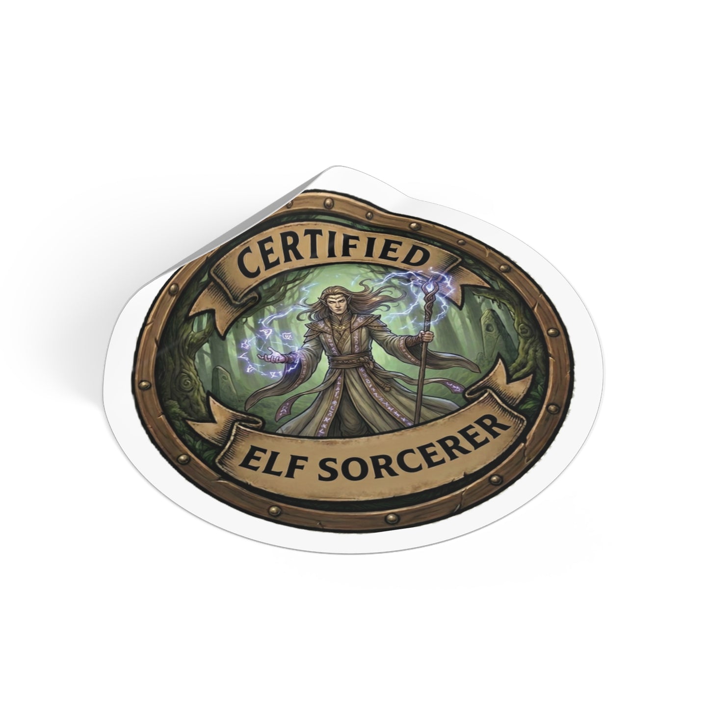Certified Elf Sorcerer Round Vinyl Sticker — Fantasy RPG Magic Badge