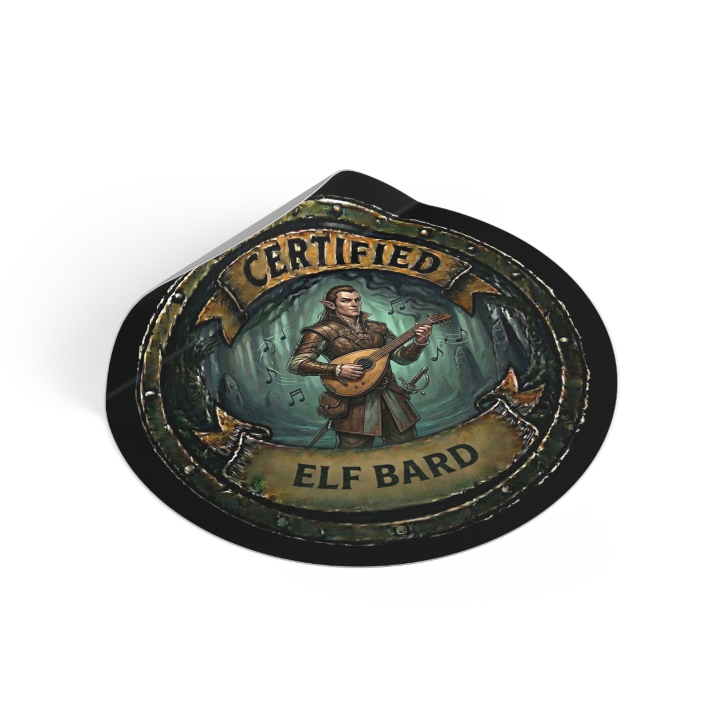 Certified Elf Bard Round Vinyl Sticker — Fantasy RPG Musician Decal