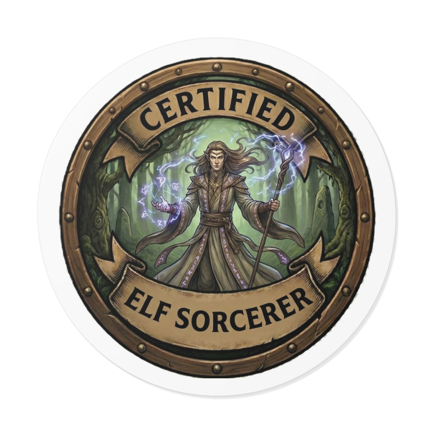 Certified Elf Sorcerer Round Vinyl Sticker — Fantasy RPG Magic Badge