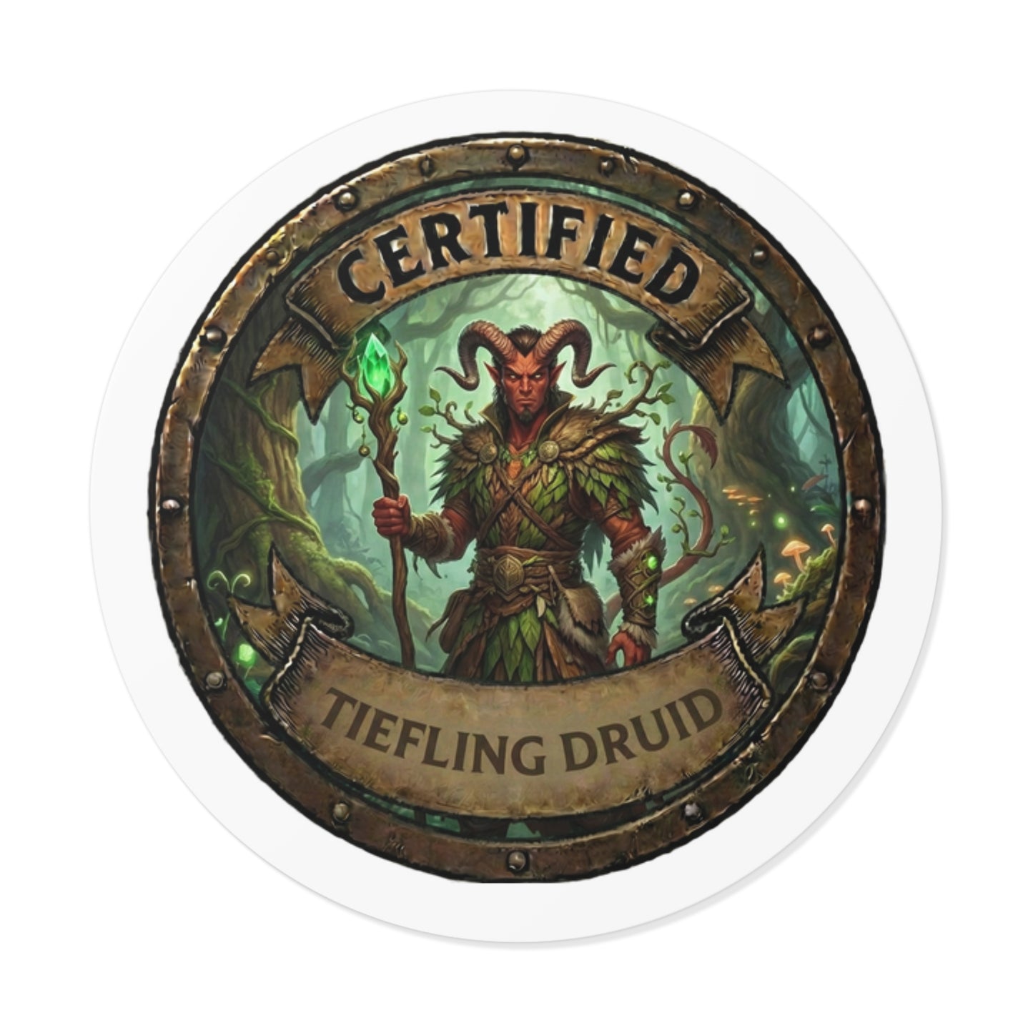 Certified Tiefling Druid Round Vinyl Sticker — Fantasy RPG Character Badge
