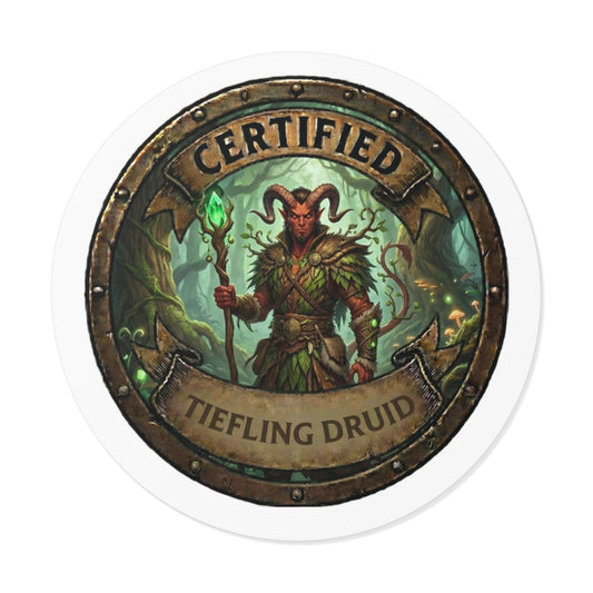 Certified Tiefling Druid Round Vinyl Sticker — Fantasy RPG Character Badge