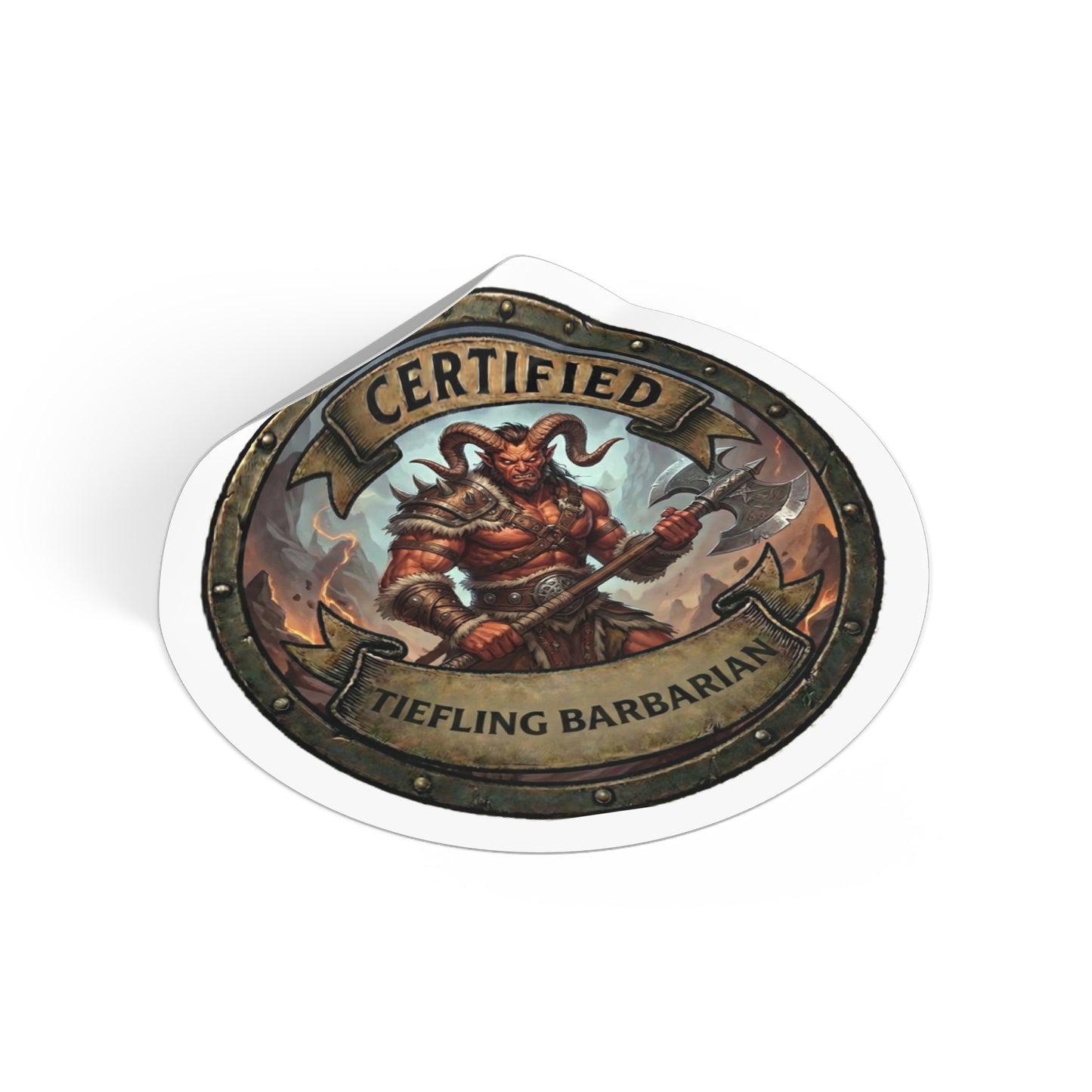 Certified Tiefling Barbarian Round Sticker — Fantasy RPG Character Decal