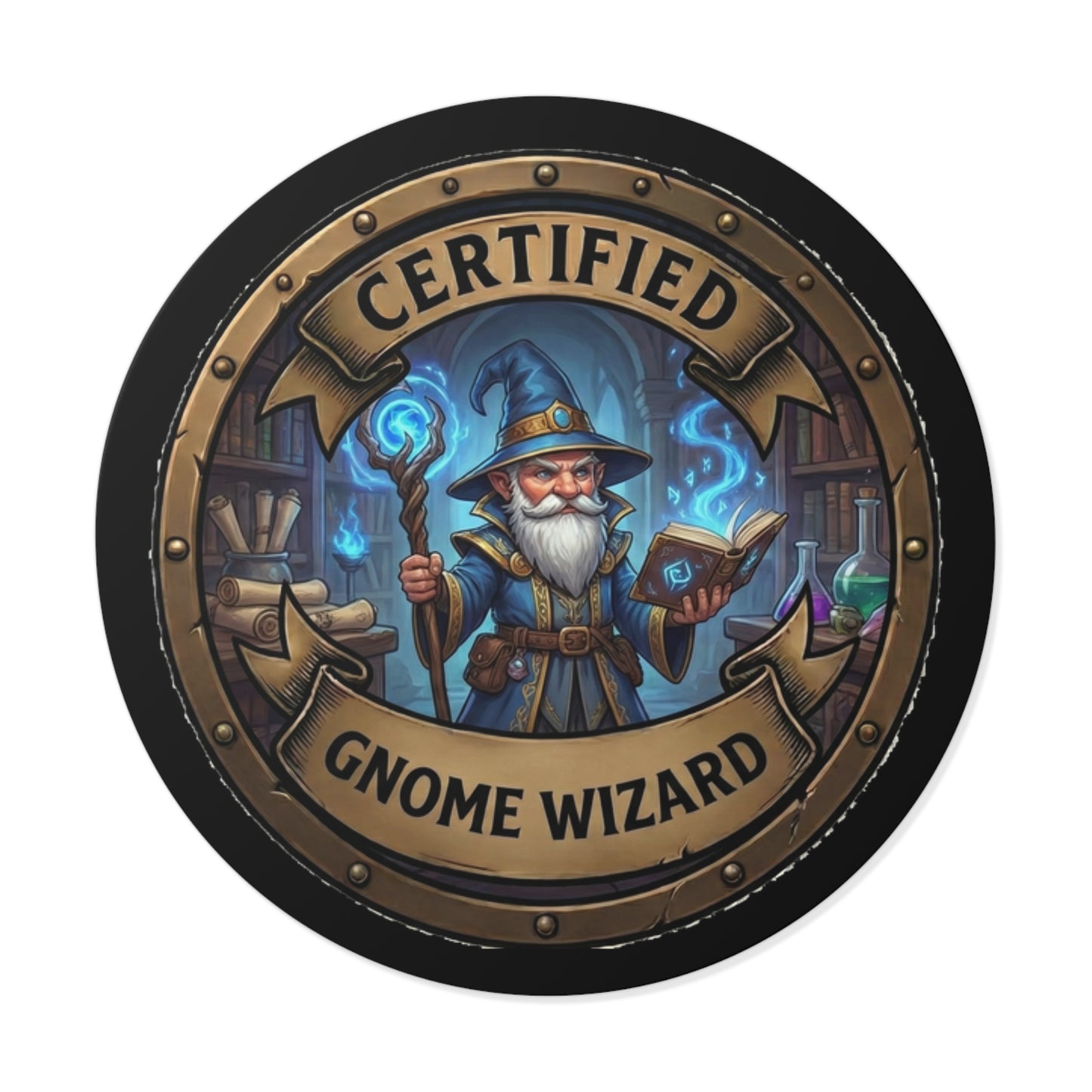 Certified Gnome Wizard Round Vinyl Sticker — Fantasy Mage Emblem