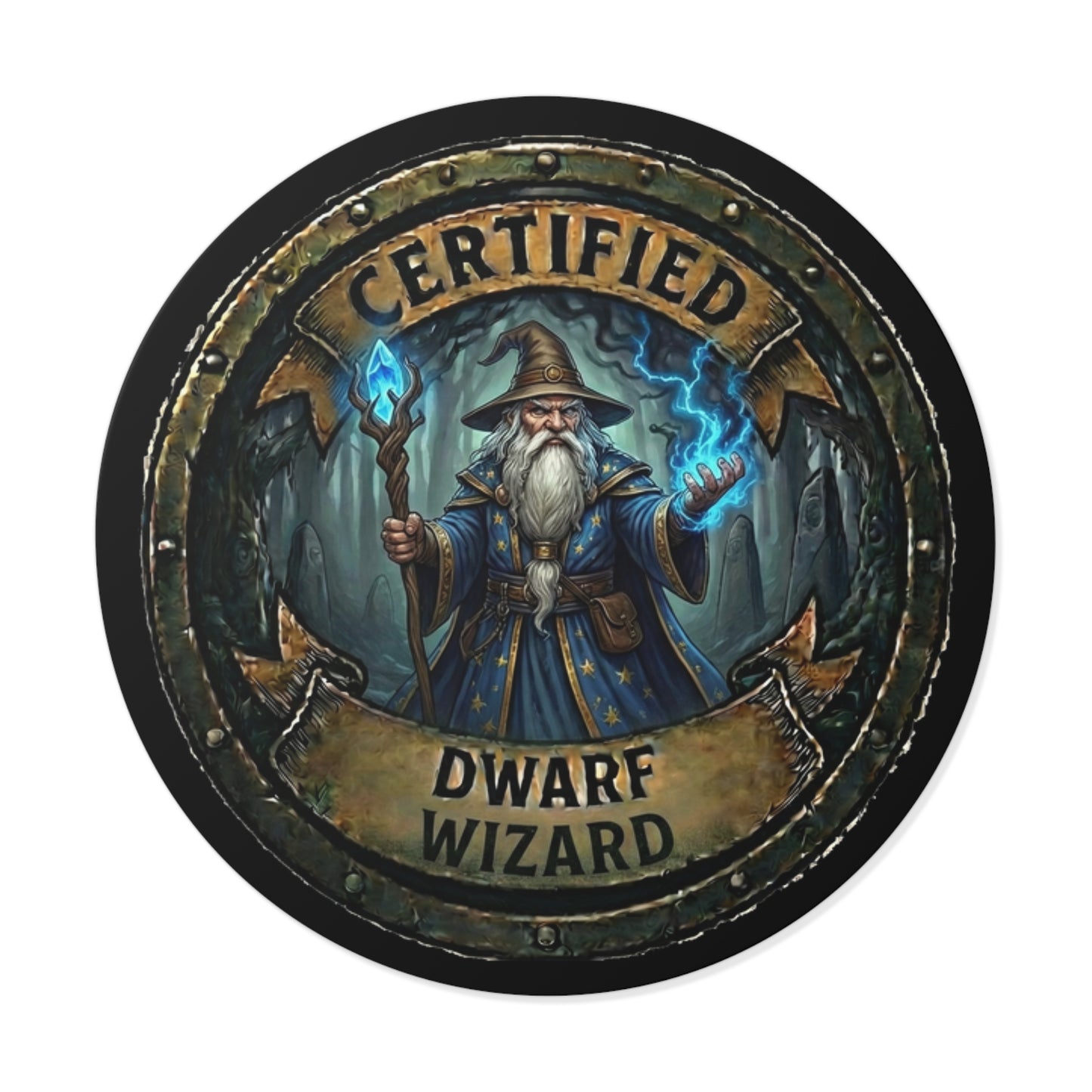 Certified Dwarf Wizard Round Vinyl Sticker — Fantasy Mage Emblem for Gamers & D&D Fans