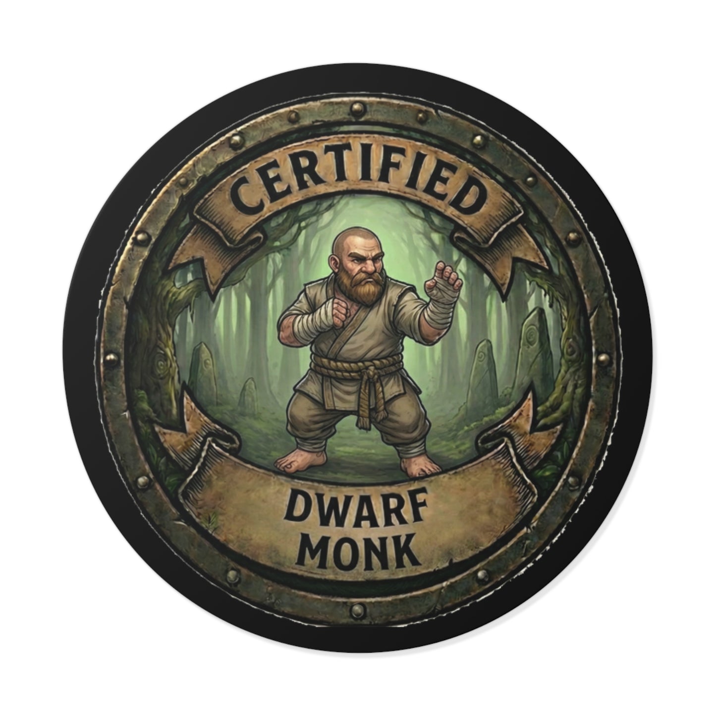 Certified Dwarf Monk Round Sticker — Fantasy RPG Vinyl Decal