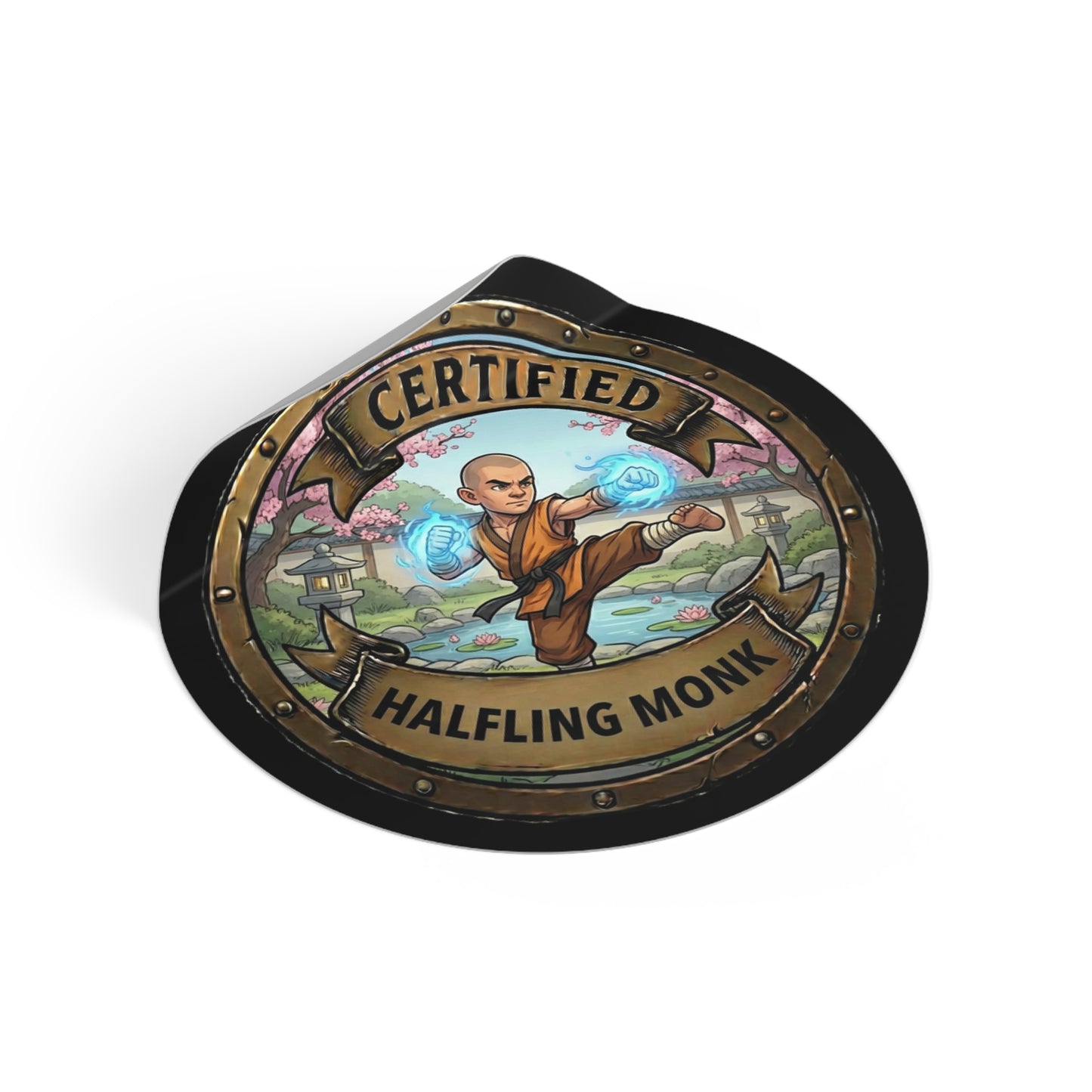 Certified Halfling Monk Round Vinyl Sticker — Cute Fantasy RPG Character Decal