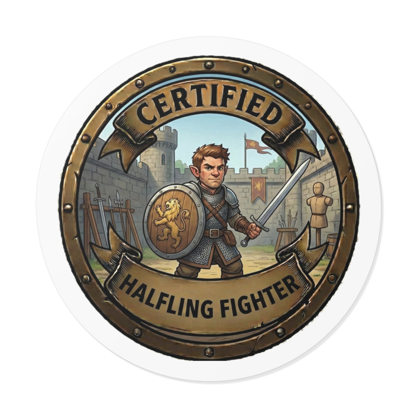 Certified Halfling Fighter Round Vinyl Sticker — Fantasy RPG Dice-Table Accessory