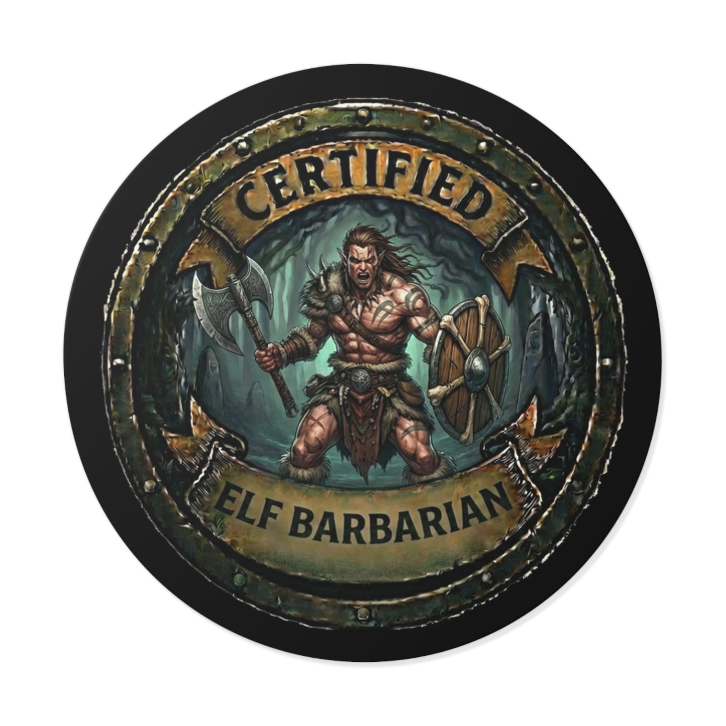 Certified Elf Barbarian Round Vinyl Sticker — Fantasy RPG Gamer Decal