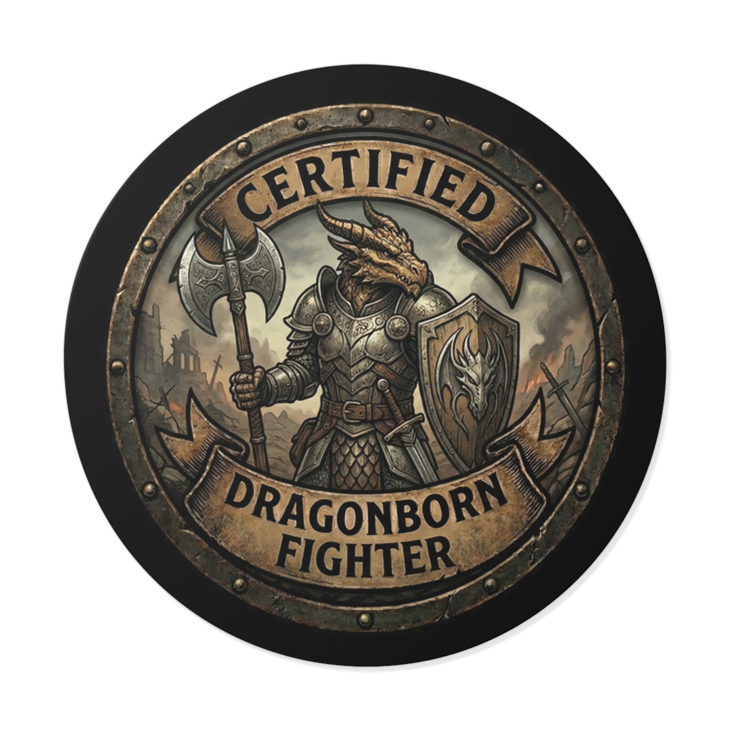 Certified Dragonborn Fighter Round Sticker — Fantasy RPG Vinyl Decal