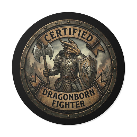 Certified Dragonborn Fighter Round Sticker — Fantasy RPG Vinyl Decal