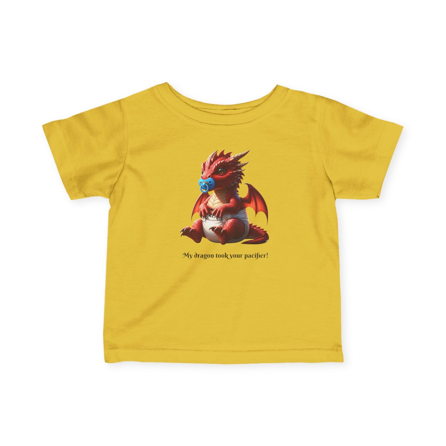 Infant T‑Shirt — Cute Red Dragon Baby Tee with 'My dragon took your pacifier'