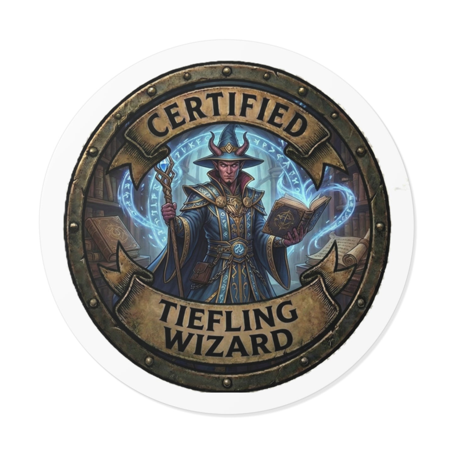 Certified Tiefling Wizard Round Vinyl Sticker — Fantasy RPG Mage Emblem