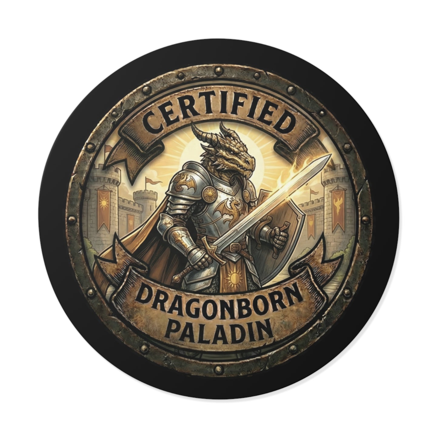 Certified Dragonborn Paladin Round Vinyl Sticker — Fantasy Knight Emblem