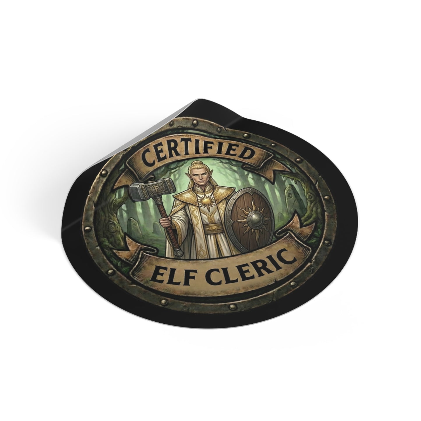 Certified Elf Cleric Round Vinyl Sticker — Fantasy RPG Character Emblem