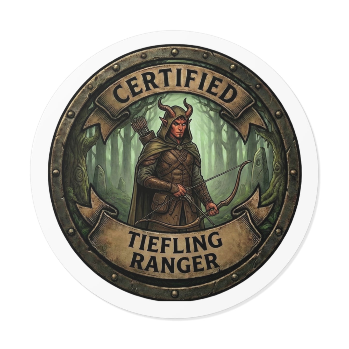Certified Tiefling Ranger Round Vinyl Sticker — Fantasy RPG Character Decal