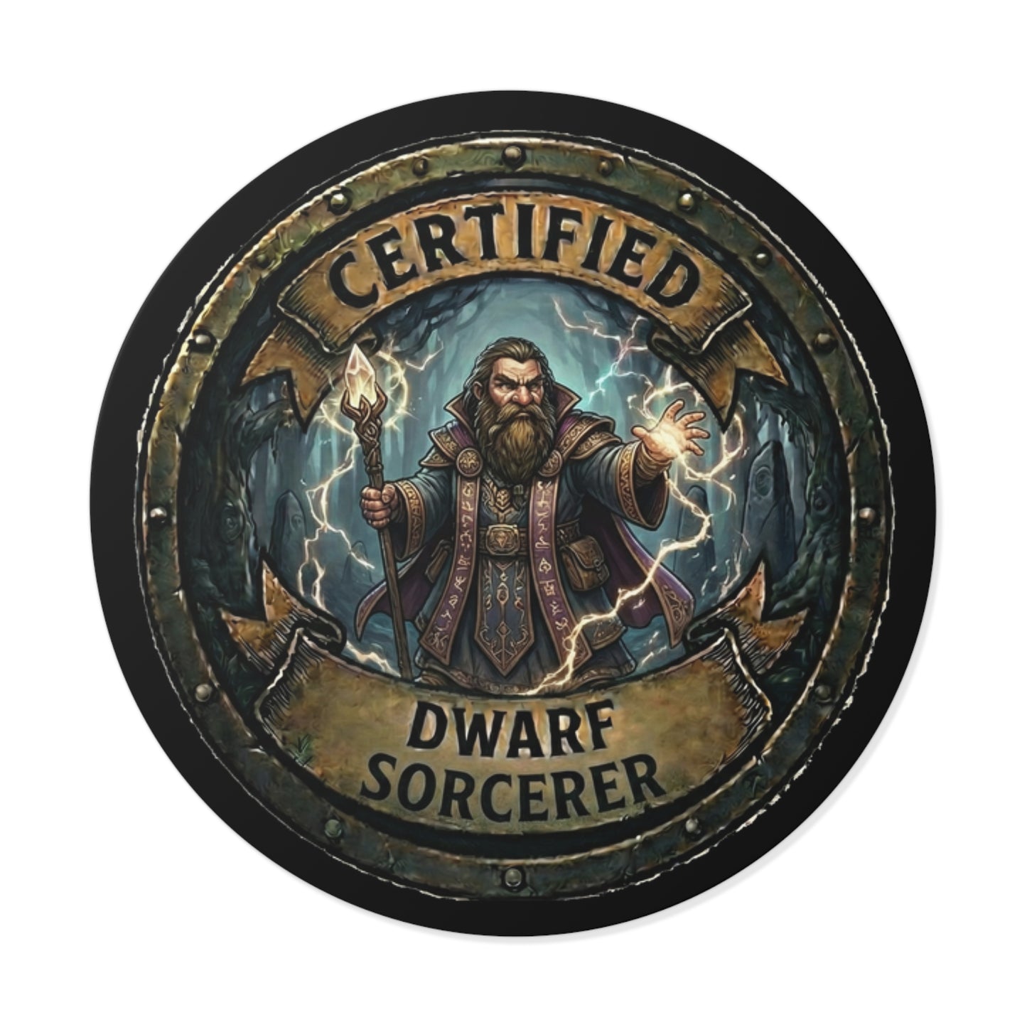 Certified Dwarf Sorcerer Round Vinyl Sticker — Fantasy RPG Magic Badge