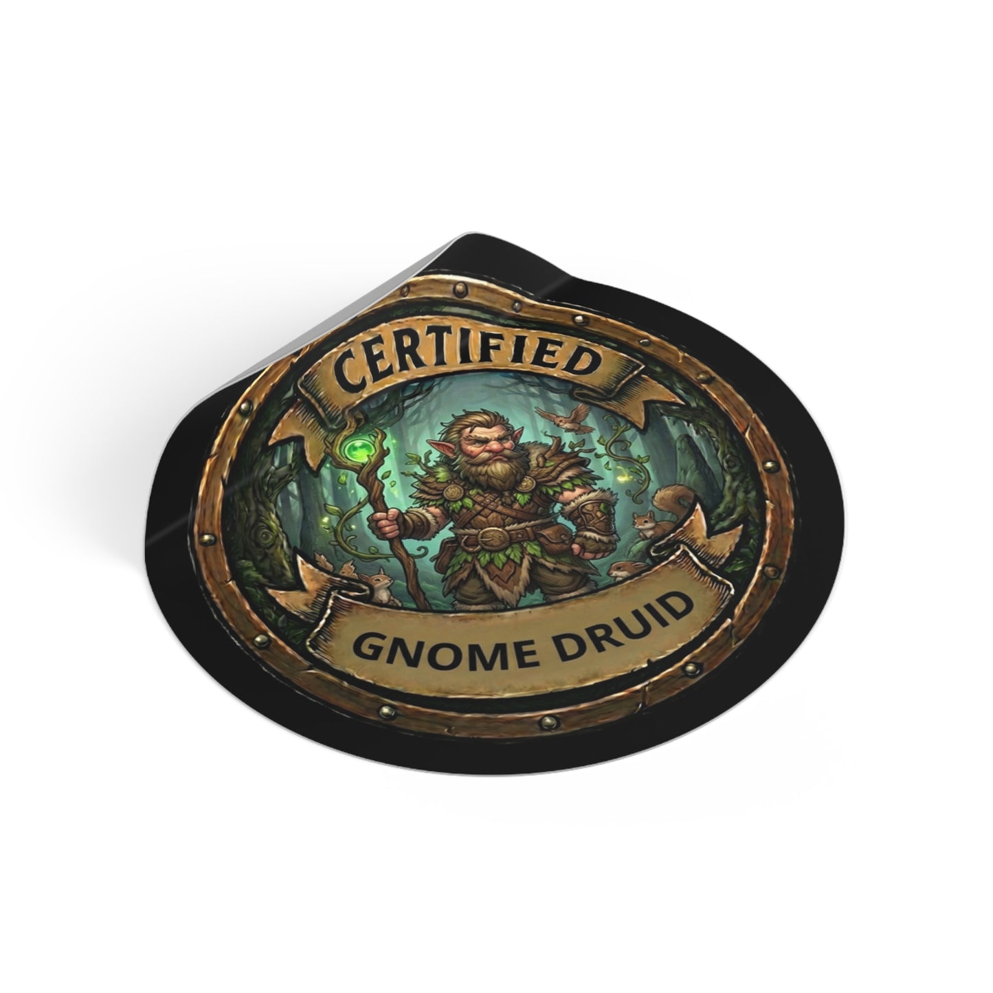 Certified Gnome Druid Round Vinyl Sticker — Fantasy RPG Druid Decal