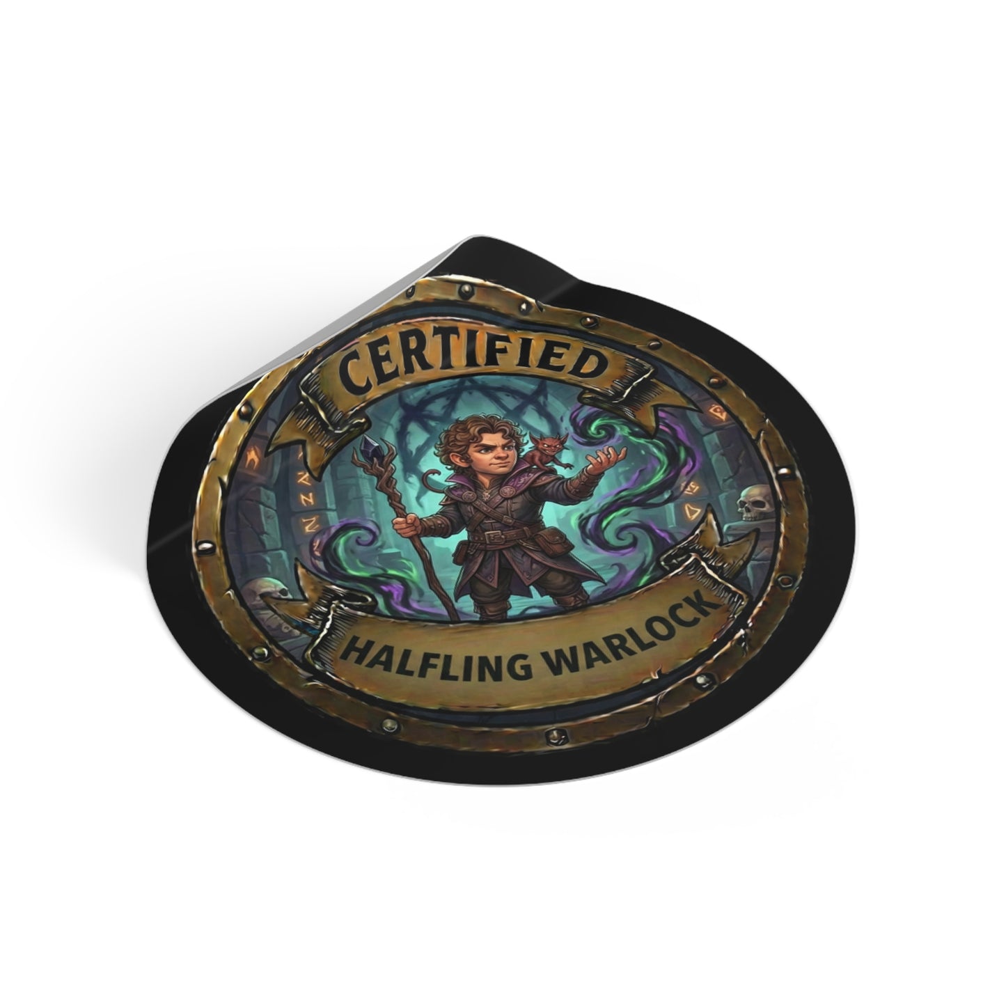 Certified Halfling Warlock Round Vinyl Sticker — "Certified" RPG Fantasy Character Decal